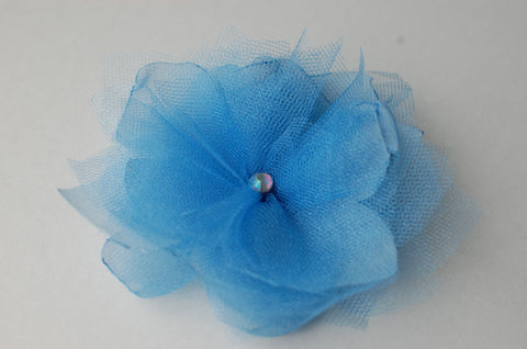 Sky blue flower hair clip/brooch with silky chiffon & tulle